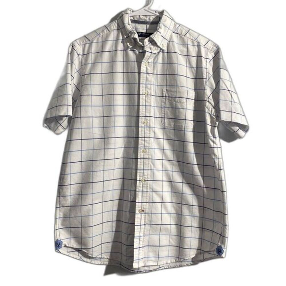 Cremieux Classics Short‎ Sleeve Button Down Shirt White Blue Check Cotton Medium